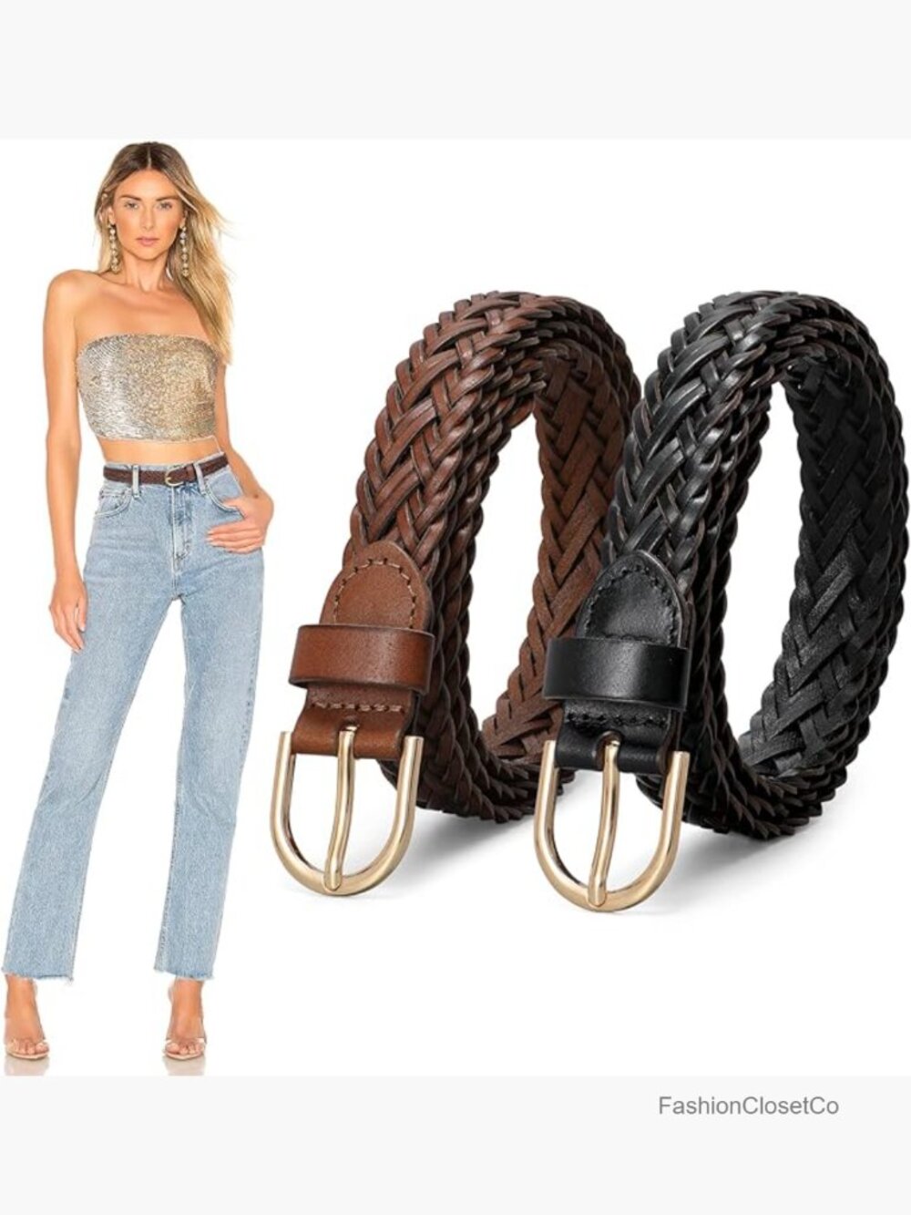 2 Pack Women Skinny Braided Leather Belts Woven Waist Belt